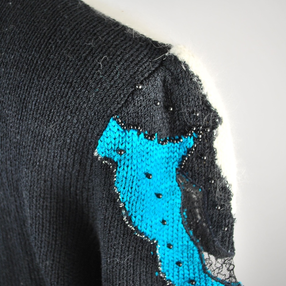 Vintage 80s Lara Ferrante Short Sleeve Angora Trim Sweater M - Picture 8 of 10